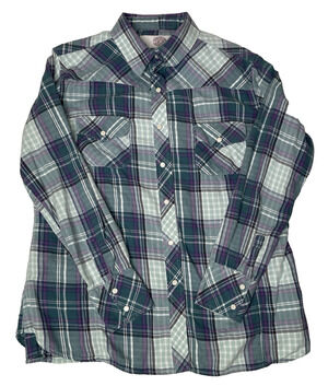 Gibson Women’s XL Plaid Western Pearl Snap Shirt Green Purple Cotton Cowgirl